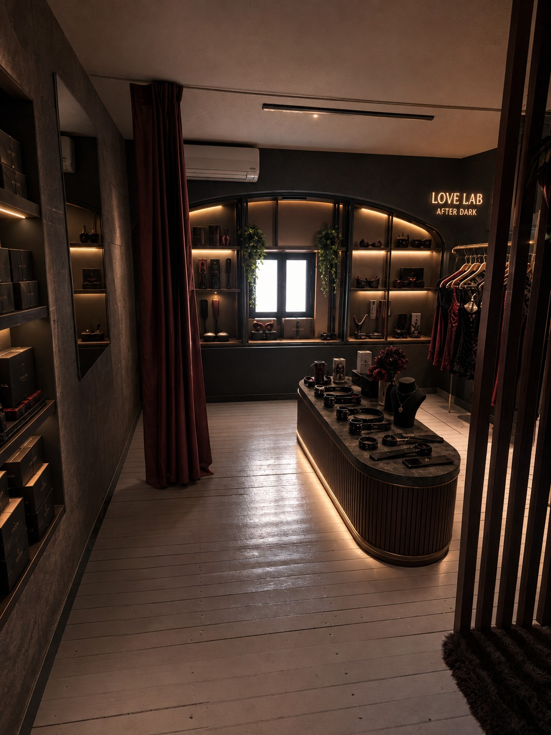 LOVE LAB After Dark interior with illuminated displays and burgundy curtains