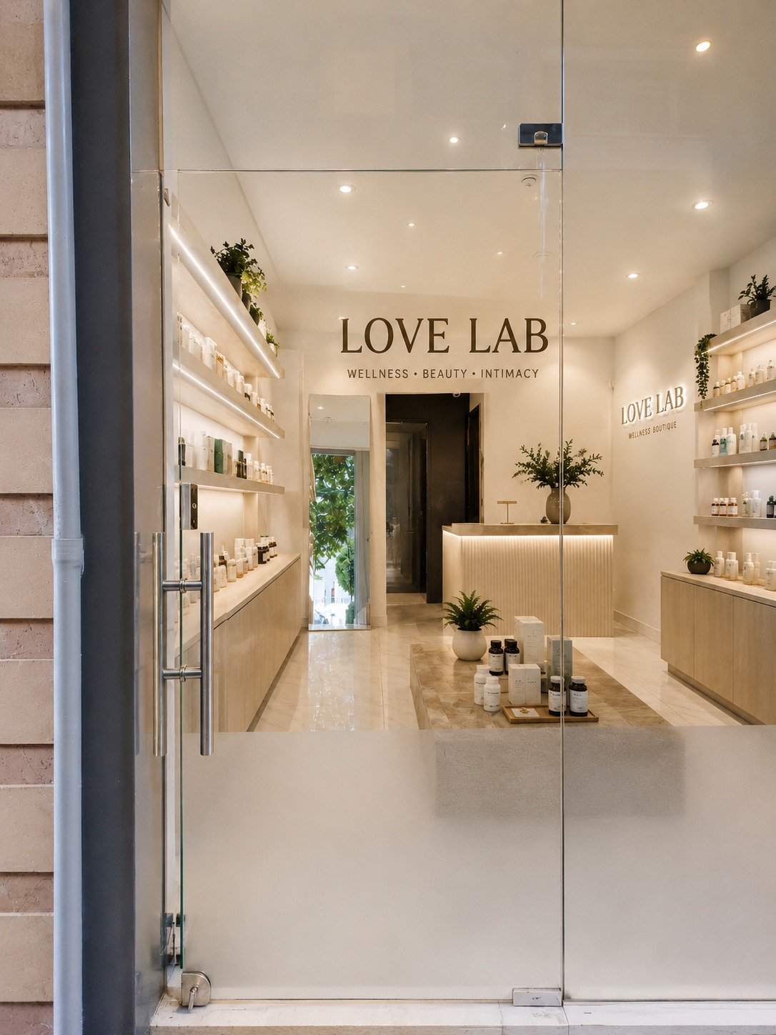 LOVE LAB wellness boutique entrance and bright cream interior